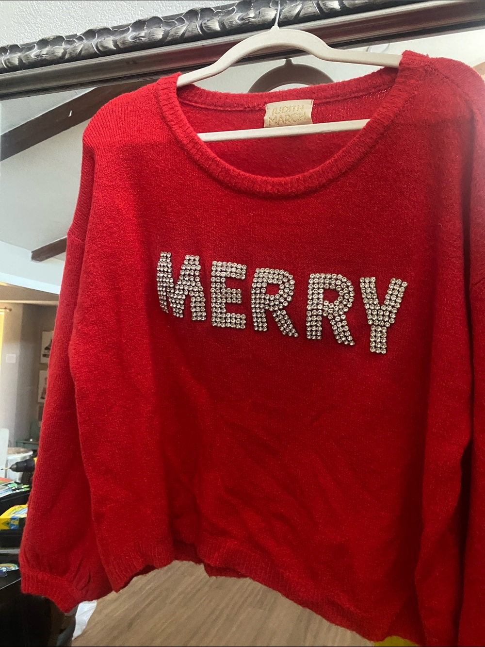 Judith March Red Crystal 'MERRY' Crewneck Sweater